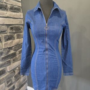Blue Denim Zip-Front Bodycon Dress